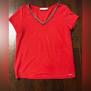 Rino‎ and Pelle Red V-Neck Top with Silver Trim Size Large